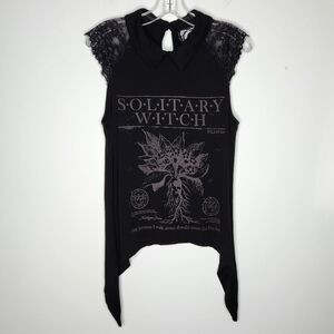 Killstar Solitary Witch Size XL Top Lace Short Sleeve Black Asymmetrical Dark